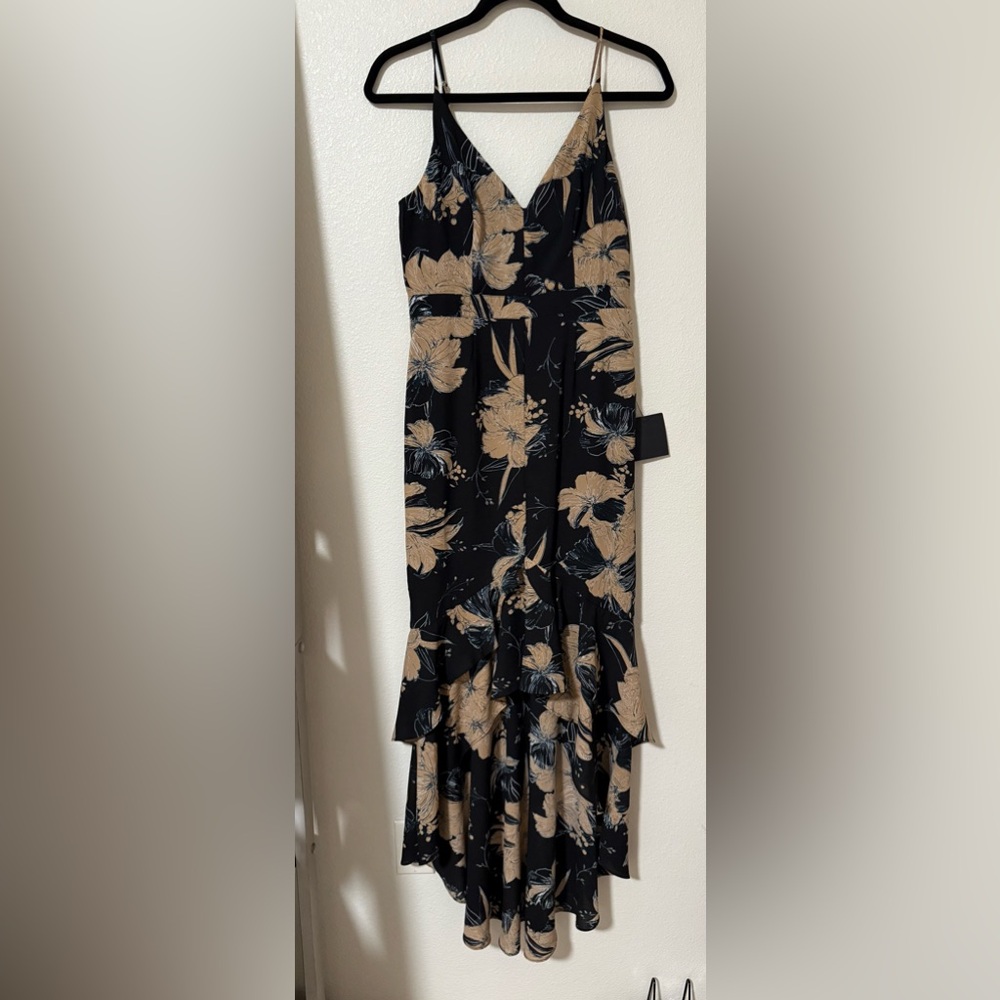 Lulu's Black and Tan Asymmetrical Floral Dress
